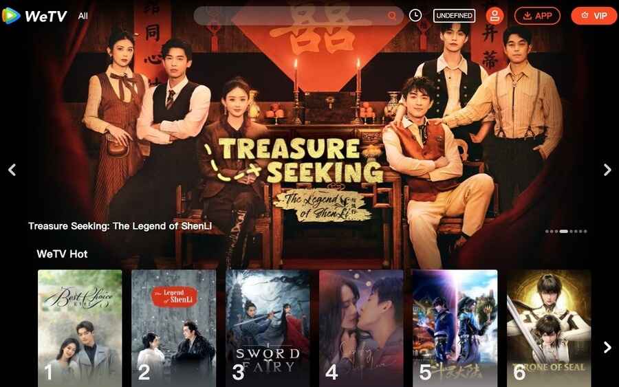 Skærmbillede af WeTV VIP hjemmeside.