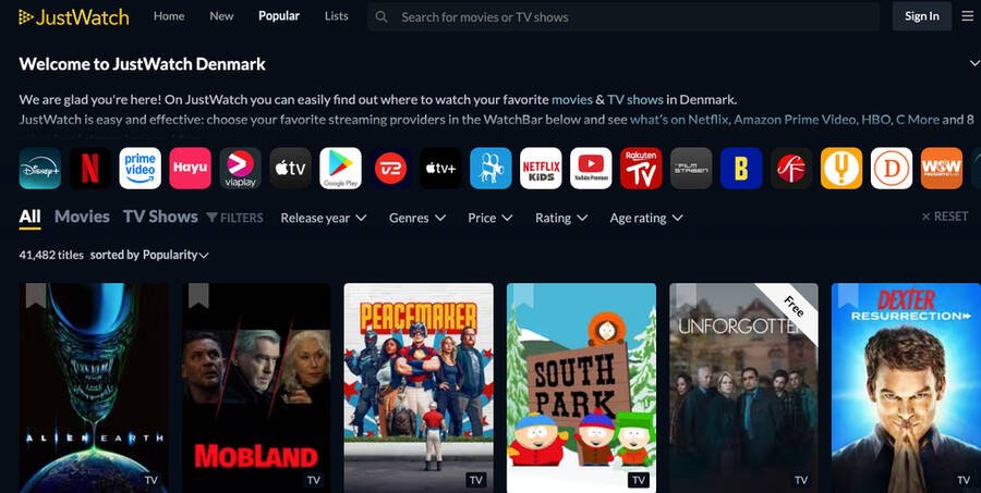 Skærmbillede af JustWatch Danmark med streamingtjenester som Netflix, Disney+ og HBO samt populære film og serier.