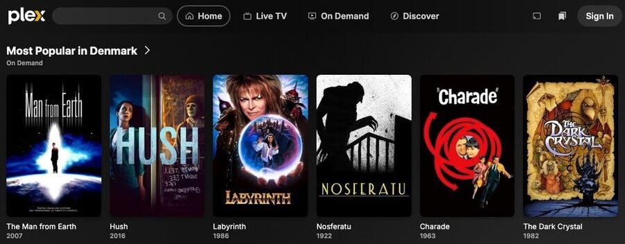 Skærmbillede af Plex TV hjemmeside.