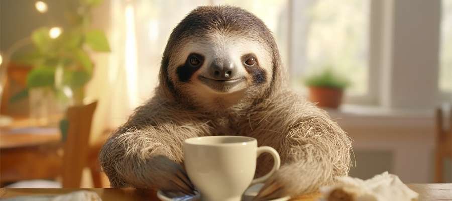 En dovendyr med en kop, der sidder ved et bord.