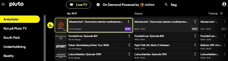 Skærmbillede af Pluto TV's hjemmeside Live-TV menu