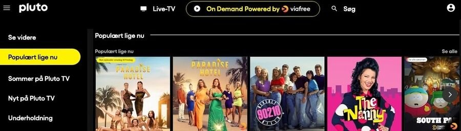 Skærmbillede af Pluto TV's hjemmeside