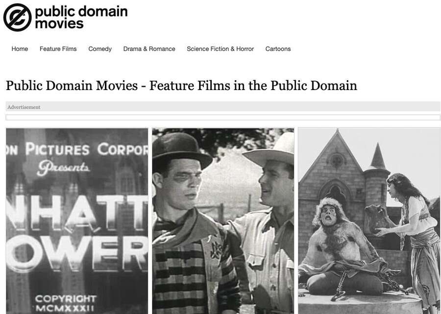 Skærmbillede af Public Domain Movies hjemmeside