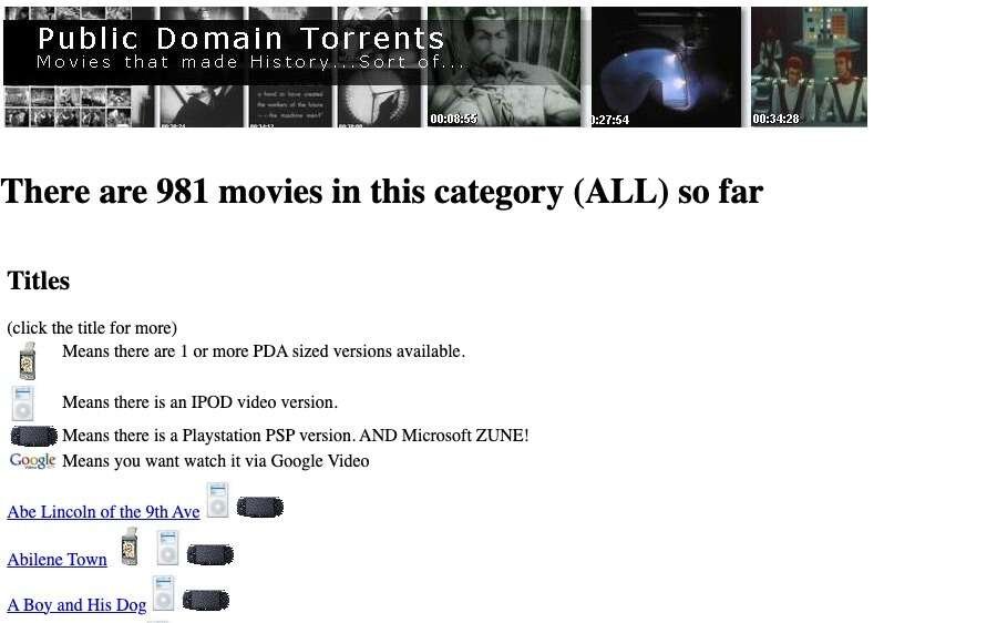 Skærmbillede af Public Domain Torrents hjemmeside