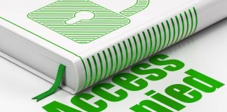 En hvid bog med et grønt bogmærke, en tegnet lås og "Adgang nægtet" skrevet i midten af billedet.