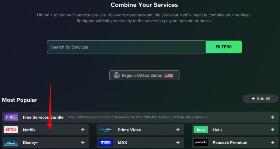 Skærmbillede af Reelgood Roulettes hjemmeside, indstilling af streamingtjenester.