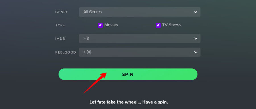 Skærmbillede af Reelgood Roulettes hjemmeside, indstilling af filtre.