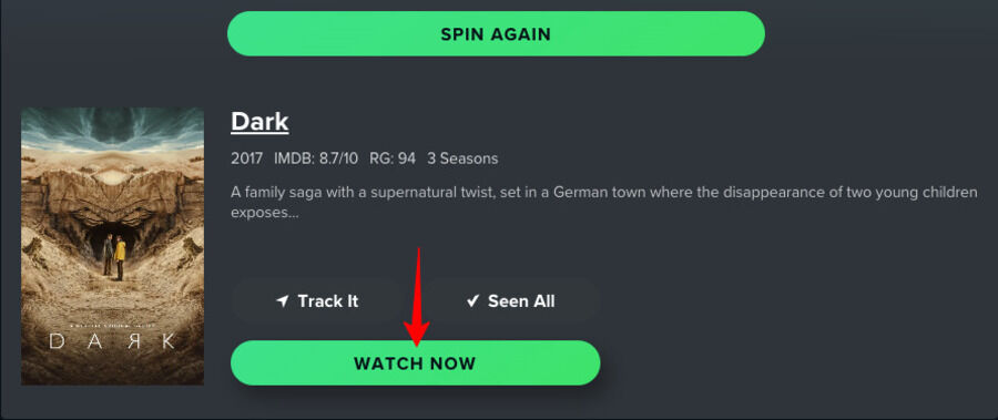 Skærmbillede af Reelgood Roulettes hjemmeside, resultatet af tilfældige film.