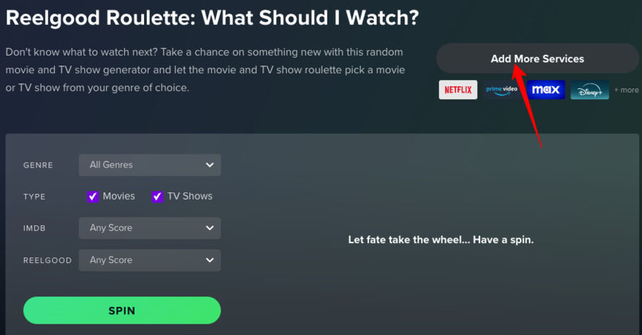 Skærmbillede af Reelgood Roulette tilfældig filmgenerator hjemmeside.