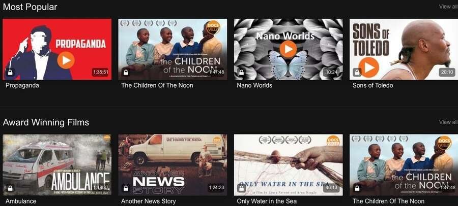 De 10 bedste streamingtjenester til dokumentarfilm 7 Skærmbillede af Docsville hjemmeside.