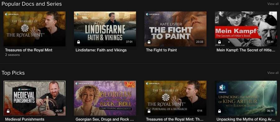 De 10 bedste streamingtjenester til dokumentarfilm 2 Skærmbillede af History Hit hjemmeside.