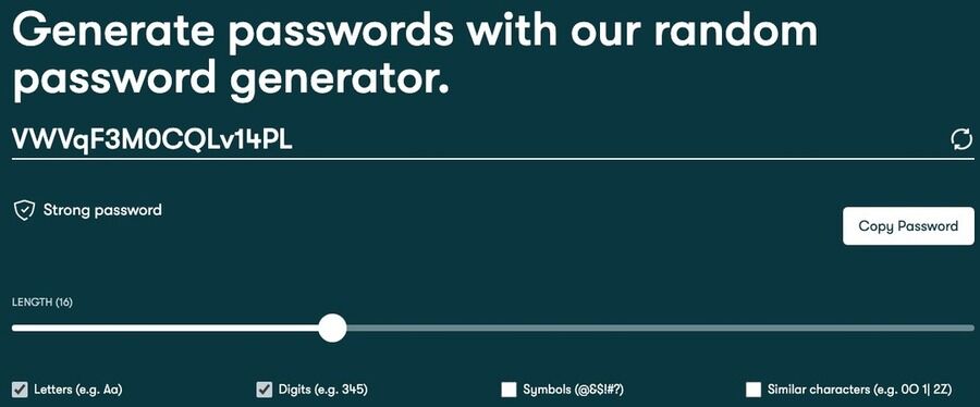 Skærmbillede af adgangskodegeneratoren på dashlane-siden.