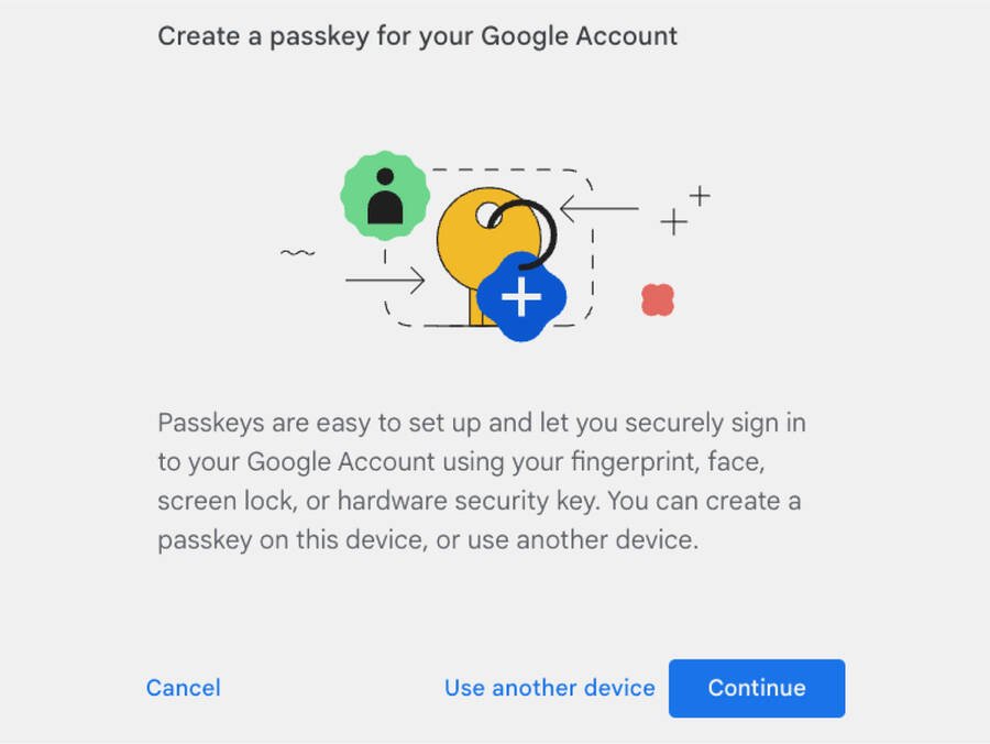 Enkel og sikker måde at logge ind på din Google-konto. Illustrationen viser, hvordan du kan oprette en personlig adgangsnøgle ved hjælp af dit fingeraftryk eller anden biometrisk data.