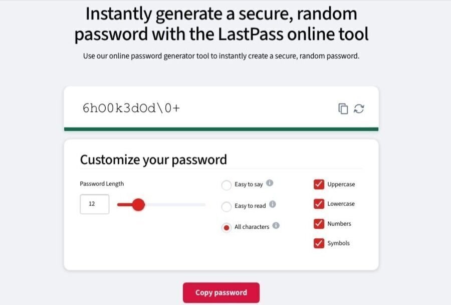 Skærmbillede af adgangskodegeneratoren på Lastpass-siden.