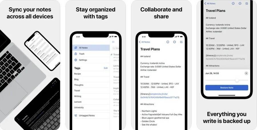 Skærmbilleder af den mobile version af Simplenote.