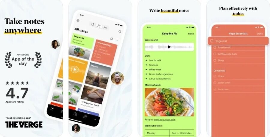 Skærmbilleder af den mobile version af Zoho Notebook.