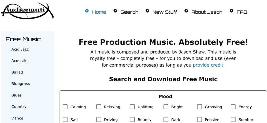 10 sider til at downloade gratis og copyright-fri musik til YouTube-videoer 2 Skærmbillede af Audionautix hjemmeside.