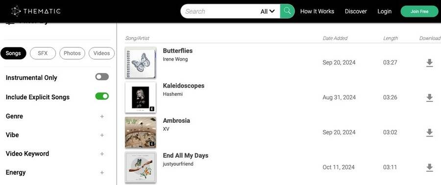 10 sider til at downloade gratis og copyright-fri musik til YouTube-videoer 4 Skærmbillede af Thematic hjemmeside.