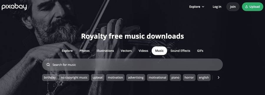 10 sider til at downloade gratis og copyright-fri musik til YouTube-videoer 8 Skærmbillede af Pixabay hjemmeside.