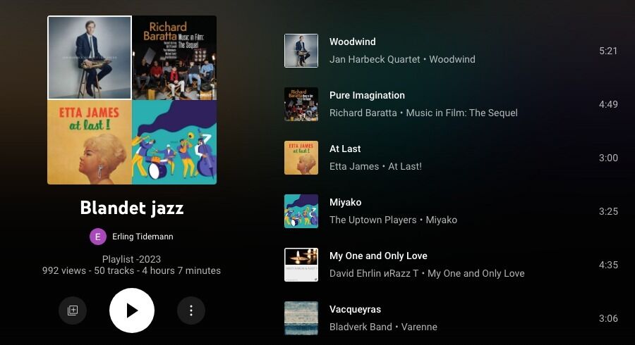 YouTube Music Playlister vs. Radiostationer: Hvad er forskellen? 1 Skærmbillede af en jazz-playliste på YouTube Music med titlen 'Blandet jazz', oprettet af Erling Tidemann.