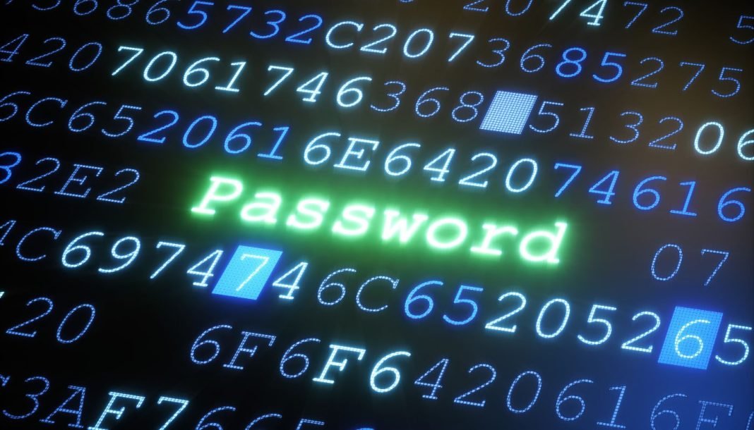 Abstrakt billede af digital kode på en skærm med ordet "Password" tydeligt markeret i grønt.