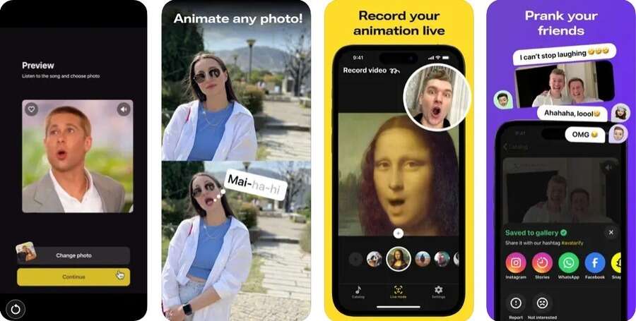 Skærmbilleder af Avatarify appen.