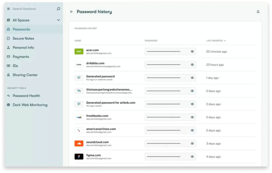 Skærmbillede af adgangskodens historik i Dashlane.