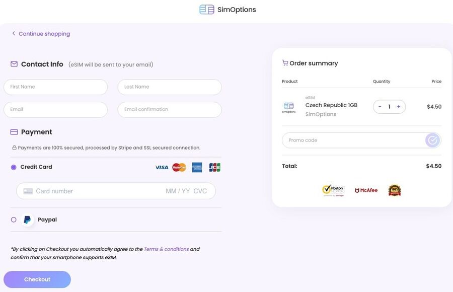 Slip for dyr roaming: Sådan kan SimOptions eSIM spare dig penge på rejsen 9 Et skærmbillede af en SimOptions bestillingsside for et eSIM.