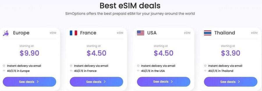 Slip for dyr roaming: Sådan kan SimOptions eSIM spare dig penge på rejsen 5 Billedet viser de bedste eSIM-tilbud fra SimOptions til rejser rundt om i verden.