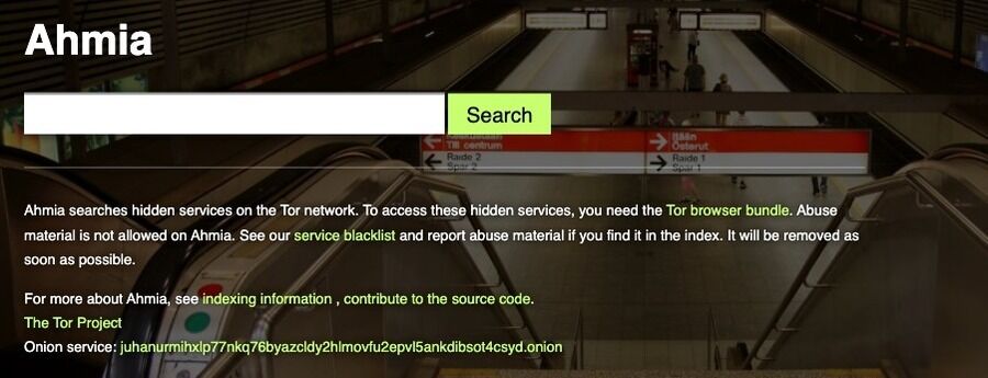 Skærmbillede af Ahmia-siden.