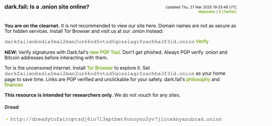 Skærmbillede af Dark Fail-siden.