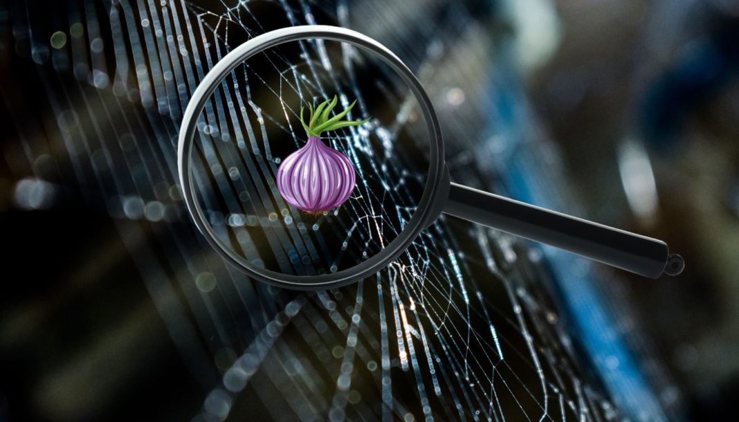 Et detaljeret edderkoppespind med lysreflektioner og et forstørrelsesglas, der fokuserer på et lilla løg. Billedet blander naturens elementer med et digitalt symbol og kan repræsentere Tor-netværket.