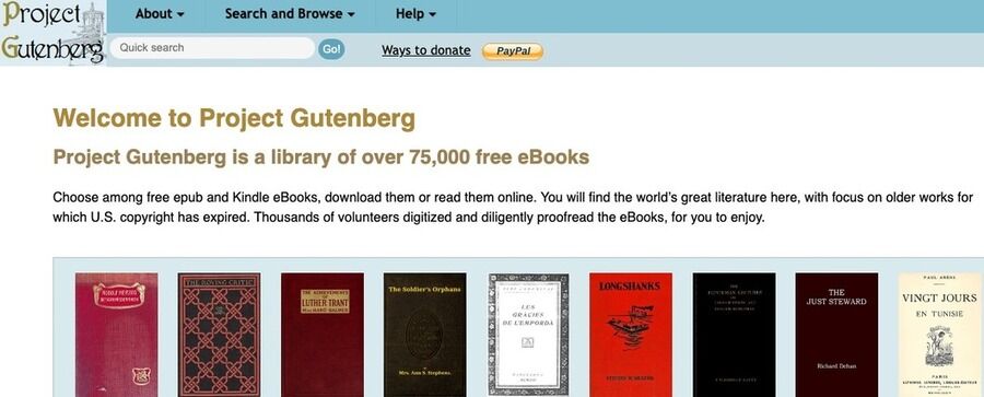 Skærmbillede af Project Gutenberg-siden.