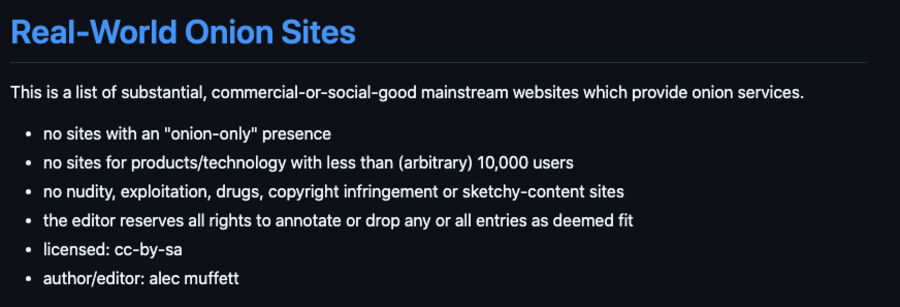 Skærmbillede af Real World Onion Sites-siden.