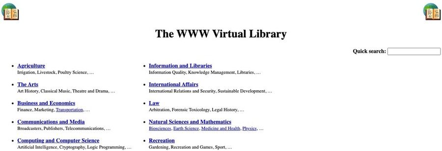 Skærmbillede af WWW Virtual Library-siden.