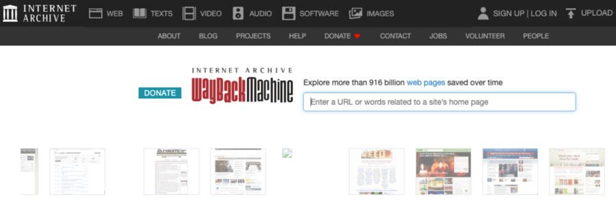 Skærmbillede af Web Archive-siden.