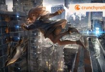 Hvad er Crunchyroll, og hvad kan du se der? En anime-stil illustration af en pige, der springer gennem luften i en futuristisk by. Byen er fyldt med høje bygninger og lysende elementer. Crunchyroll-logoet er synligt øverst til højre.