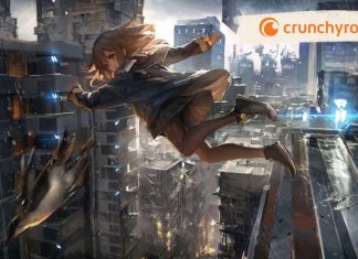 Hvad er Crunchyroll, og hvad kan du se der? En anime-stil illustration af en pige, der springer gennem luften i en futuristisk by. Byen er fyldt med høje bygninger og lysende elementer. Crunchyroll-logoet er synligt øverst til højre.