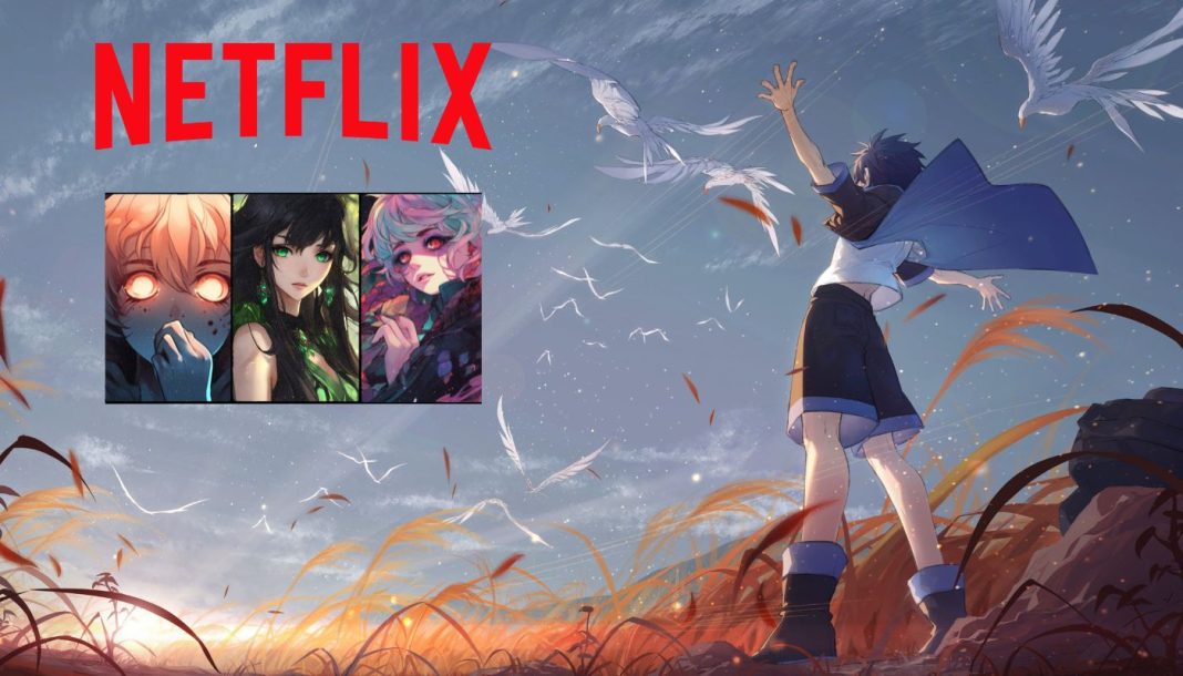 Anime-inspireret billede med teksten "NETFLIX" øverst. Til højre ses en ung pige med mørkt hår, iført en blå kappe og omgivet af hvide fugle. Baggrunden er en mark med højt græs og en dramatisk himmel.