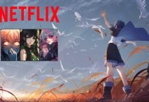11 originale anime-serier fra Netflix, du ikke bør gå glip af Anime-inspireret billede med teksten "NETFLIX" øverst. Til højre ses en ung pige med mørkt hår, iført en blå kappe og omgivet af hvide fugle. Baggrunden er en mark med højt græs og en dramatisk himmel.