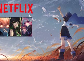 11 originale anime-serier fra Netflix, du ikke bør gå glip af Anime-inspireret billede med teksten "NETFLIX" øverst. Til højre ses en ung pige med mørkt hår, iført en blå kappe og omgivet af hvide fugle. Baggrunden er en mark med højt græs og en dramatisk himmel.