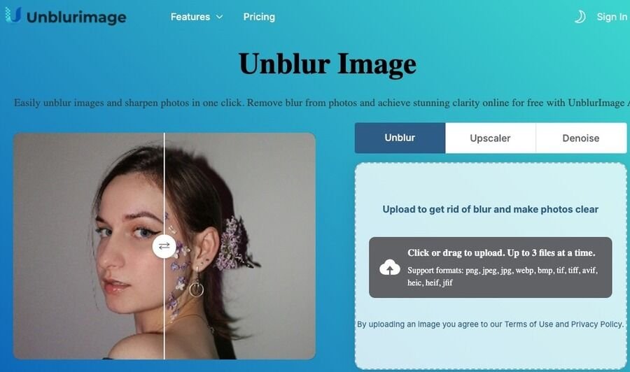 Skærmbillede af unblurimage ai-hjemmesiden.
