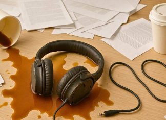 Sådan opbevarer du dine høretelefoner korrekt og undgår skader Hovedtelefonerne ligger i spildt kaffe på et skrivebord med dokumenter og to papkrus.