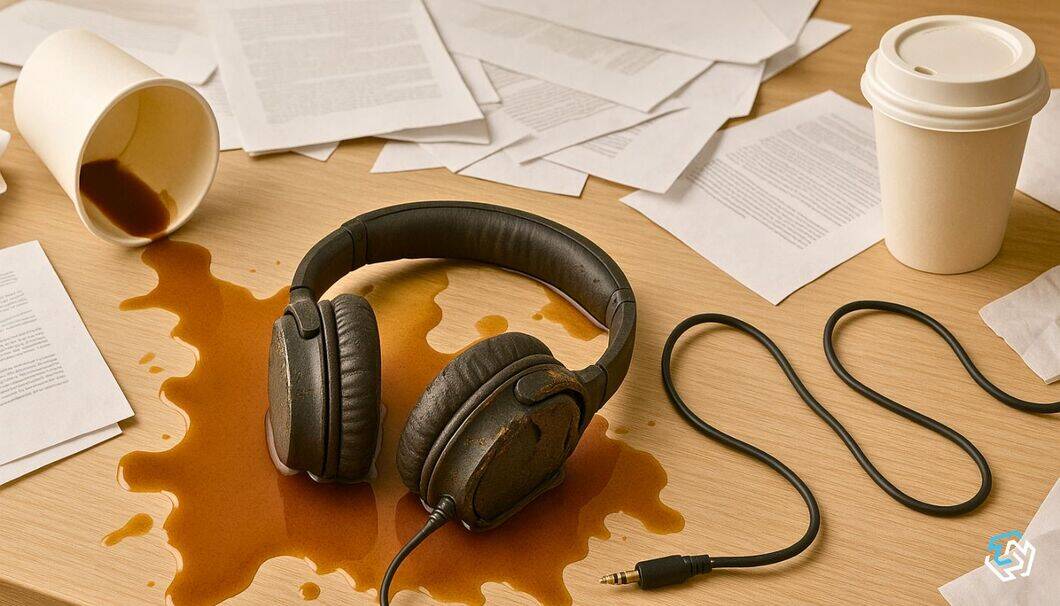 Hovedtelefonerne ligger i spildt kaffe på et skrivebord med dokumenter og to papkrus.