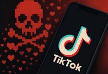 Smartphone med TikTok-logo på skærmen, ved siden af en stor pixelgrafik af et rødt kranie omgivet af små røde hjerter.