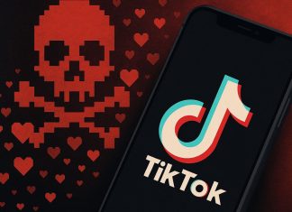 9 TikTok-fælder: Her bliver du snydt og inficeret Smartphone med TikTok-logo på skærmen, ved siden af en stor pixelgrafik af et rødt kranie omgivet af små røde hjerter.