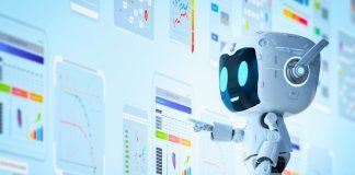 Venlig robot interagerer med digitale skærme og grafer, som illustrerer brugen af moderne AI-værktøjer til dataanalyse og automatisering.