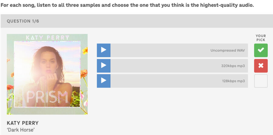 Hvad er Hi-Fi musikstreaming, og er det pengene værd? 1 En skærmbillede fra en NPR-test, der beder brugeren om at vælge den højeste lydkvalitet. Til venstre er coveret til Katy Perrys album 'PRISM', med sangen 'Dark Horse'. Til højre ses tre afspilningsmuligheder: Ukomprimeret WAV, 320kbps mp3 og 128kbps mp3. Den ukomprimerede WAV er markeret med et grønt flueben, og 320kbps mp3 med et rødt kryds.