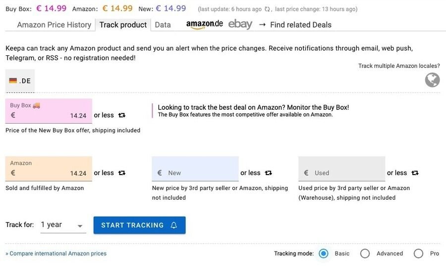 Keepa-vindue til opsætning af prisalarmer på et Amazon-produkt, hvor brugeren kan vælge prisgrænser for Buy Box, Amazon, nye og brugte varer samt angive, hvor længe produktet skal overvåges.